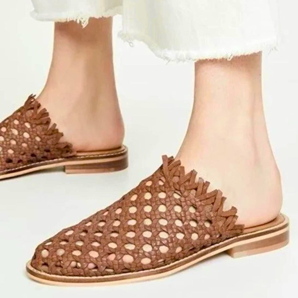 Free People Mirage Woven Brown Leather Flat Mules